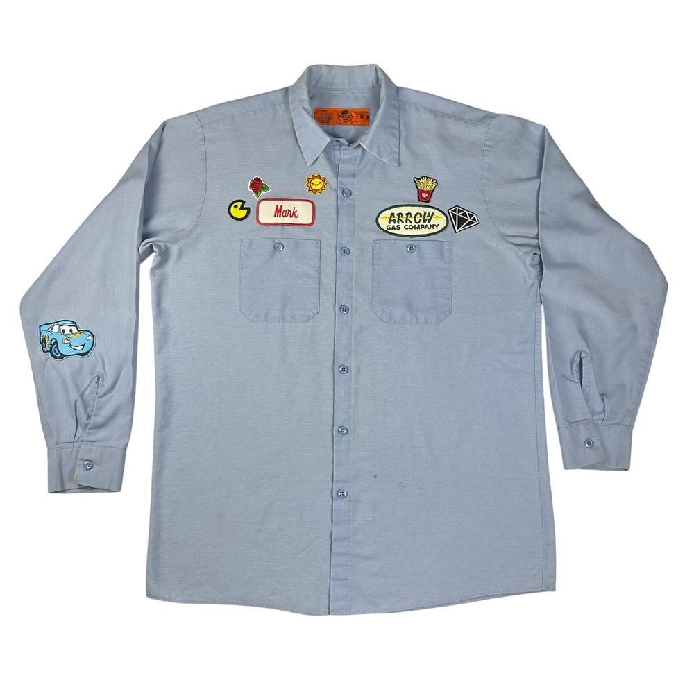 Red Kap Mens Large Blue Patchwork Work Shirt Long Sleeve Arrow Gas PacMan "Mark"